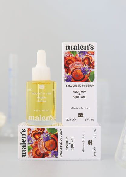 BAKUCHIOL 1% SERUM MUSHROOM + SQUALANE 30 ml | Gündüz & Gece Bakım Serumu - Bitkisel Retinol + Skualan + Reishi Mantarı